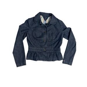 Tommy Hilfiger Dark Blue Denim Jean Jacket Blazer Ruffle Pleat Peplum Size Small